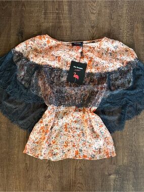 The Kooples Orange Floral Blouse with Navy Lace Overlay